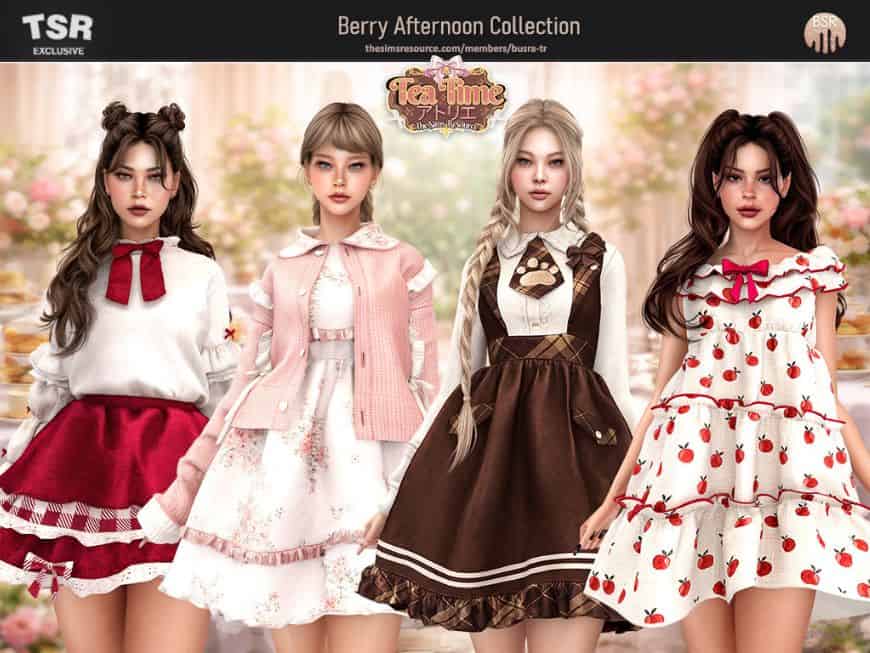 four female Sims wearing frilly Japanese street fashion-inspired dresses