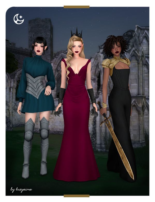 three female Sims wearing strong royal outfits