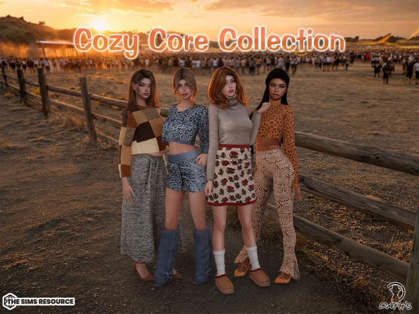 four female Sims wearing cozy autumn outfits