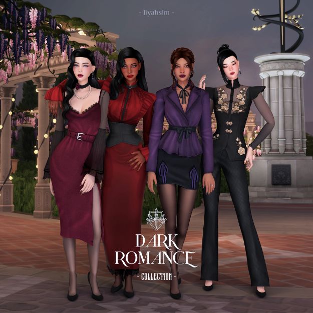 four female sims wearing dark, fashionable outfits