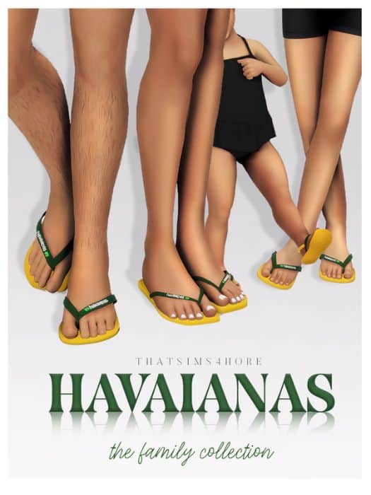 close up of a Sim's family wearing matching Havaianas sandals