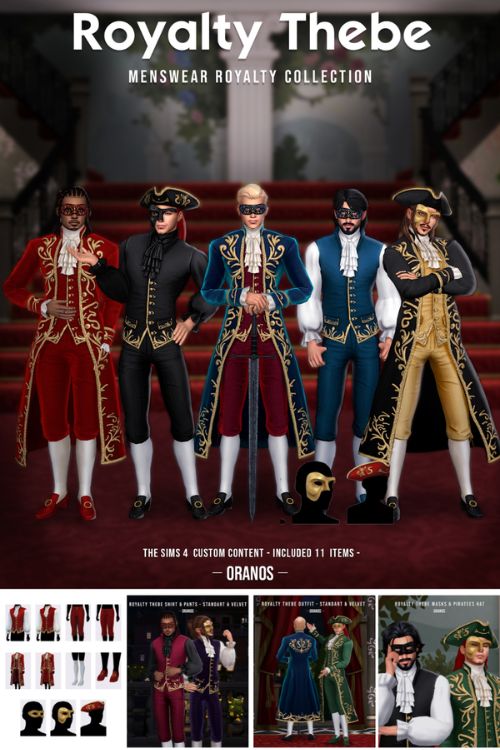 male Sims dressed in royal embroidered outfits