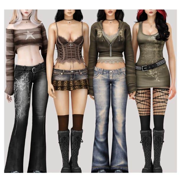 four female Sims wearing Y2K inspired outfits
