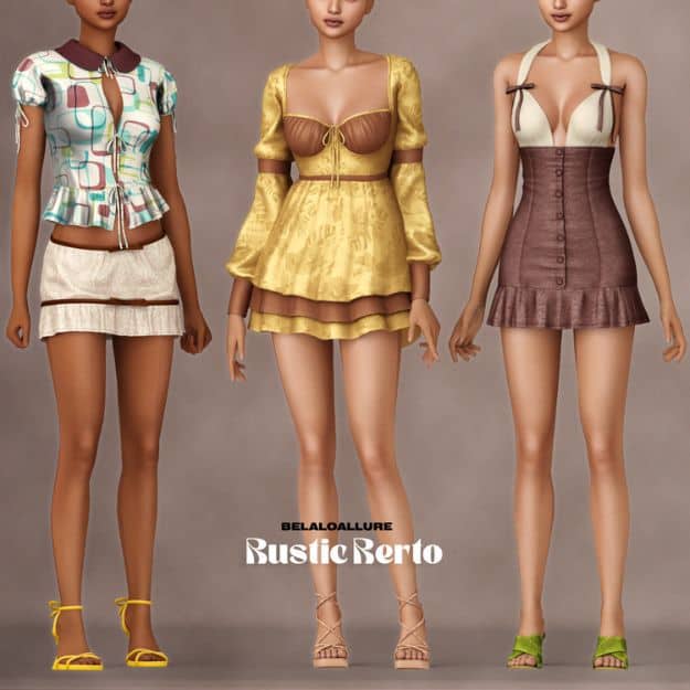 three female Sims wearing modern-retro dresses and sets