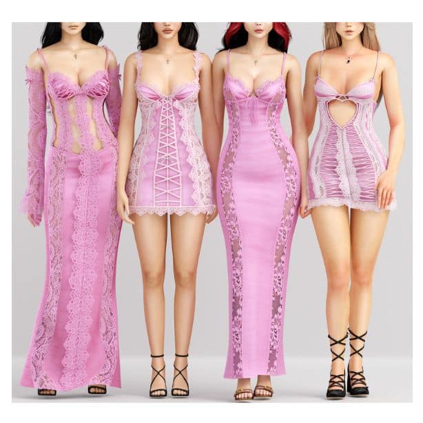 four female Sims wearing flirty lace dresses