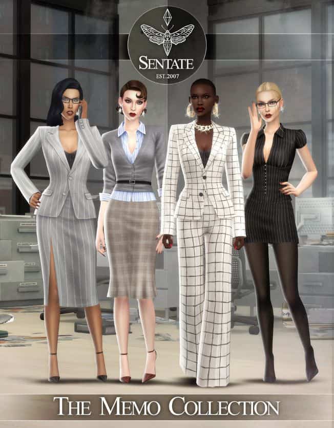 four female Sims dressed for the office