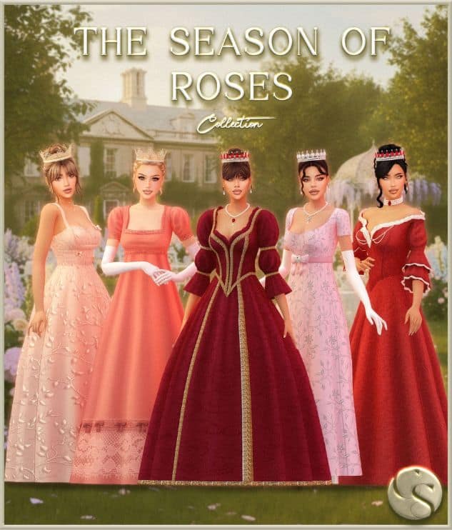 five royal female Sims dressed in gowns
