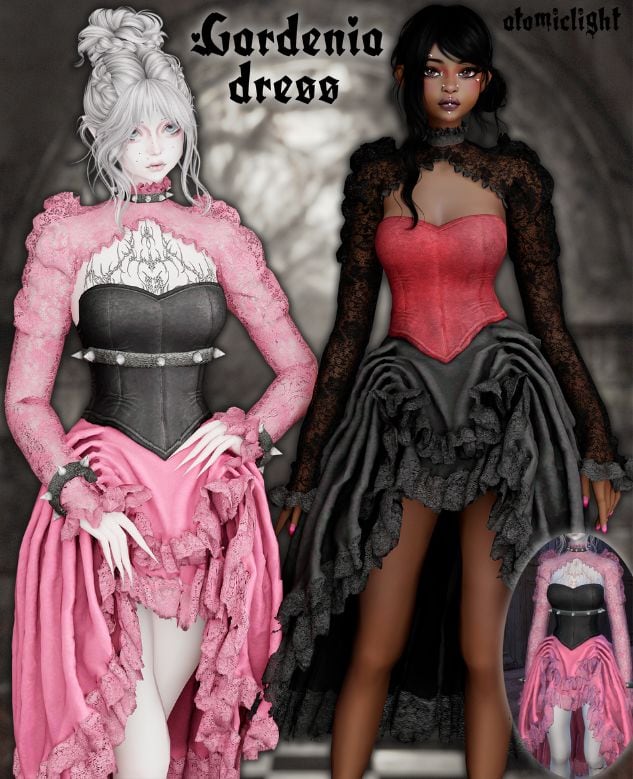 female Sims wearing dresses with corsets. ruffles, and transparent bolero