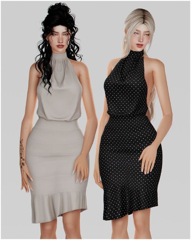 two Sims wearing halter high-neck dresses