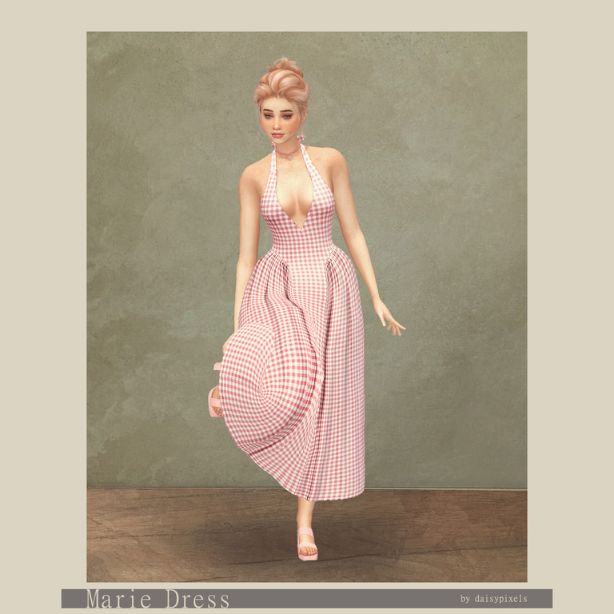 female Sim wearing a gingham pattern halter dress