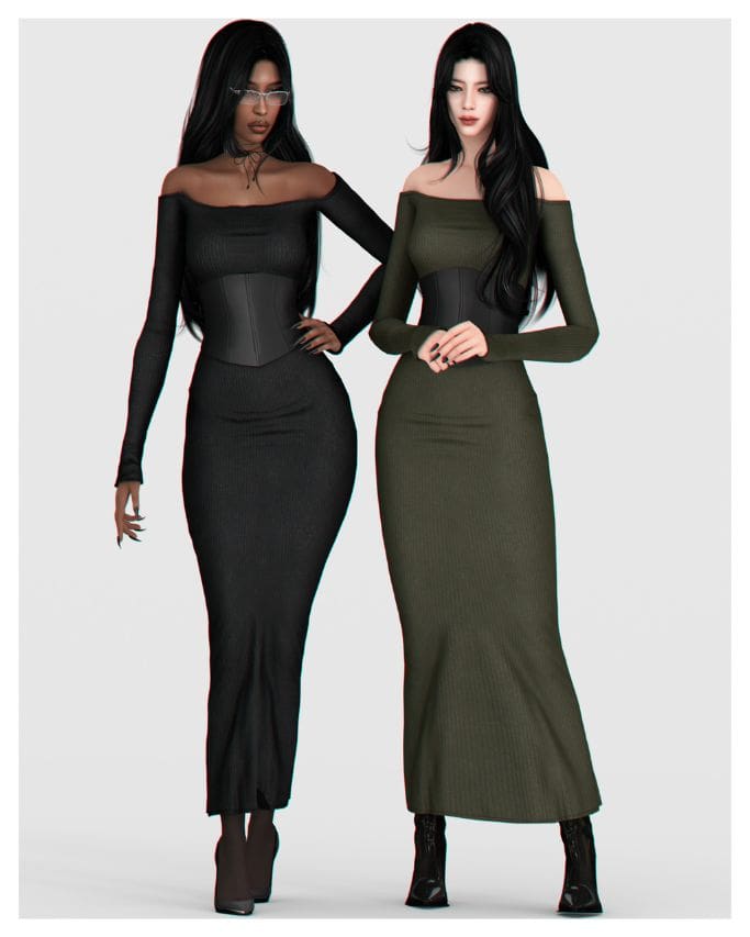 two female Sims wearing long sleeve dresses with corsets