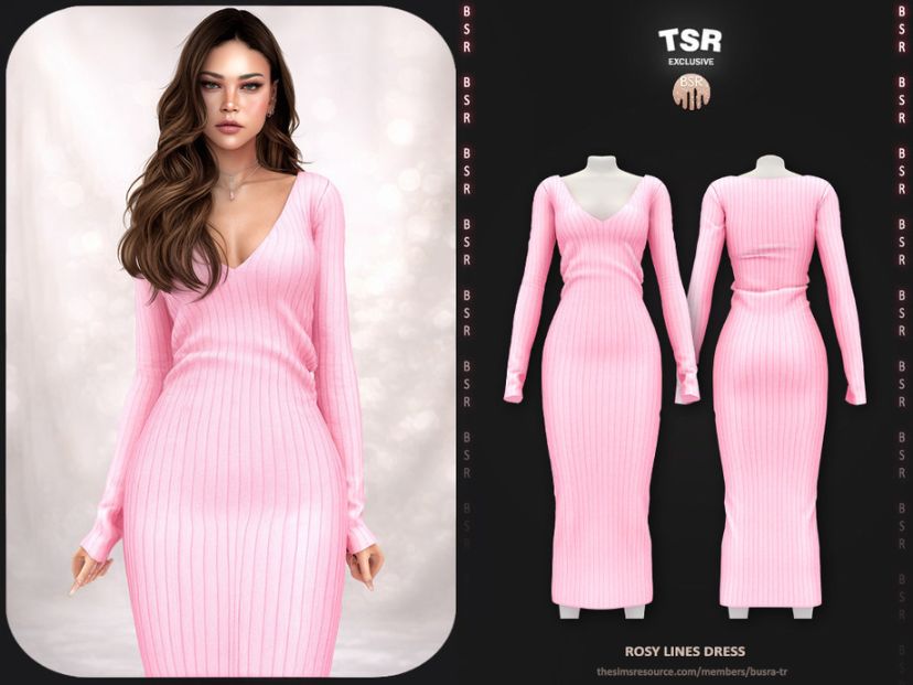 female Sim wearing a full-length pink ribbed knit dress