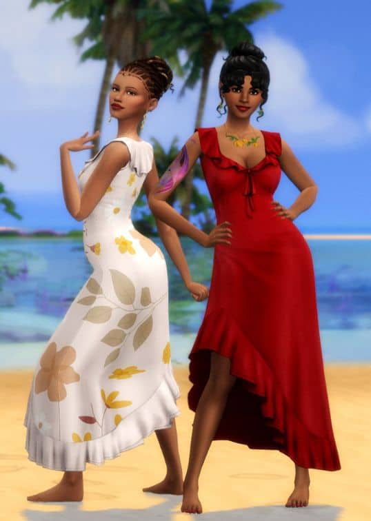 two female Sims wearing asymmetrical summer dresses