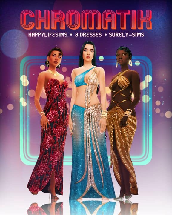 female Sim wearing modern, sparkly dresses