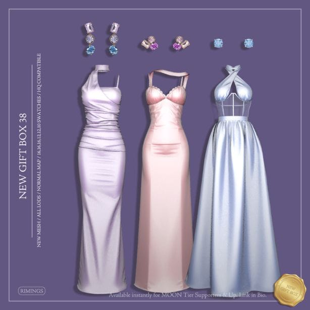 collage of three satin dresses and pairs of gemstone earrings