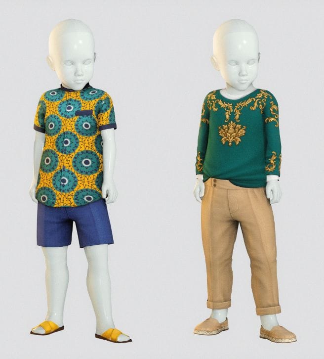 toddler sized mannequins modeling vibrant outfits