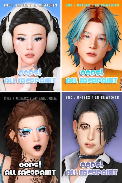 collage of four Sims with different styles of facepaint