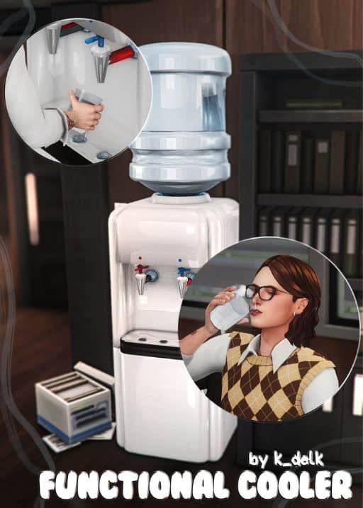 Sim drinking from a water cooler in an office setting