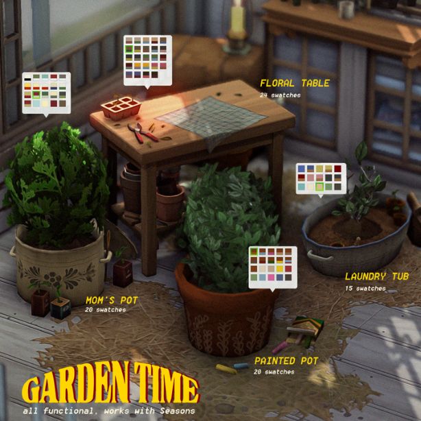 a garden space with flower pots and a table