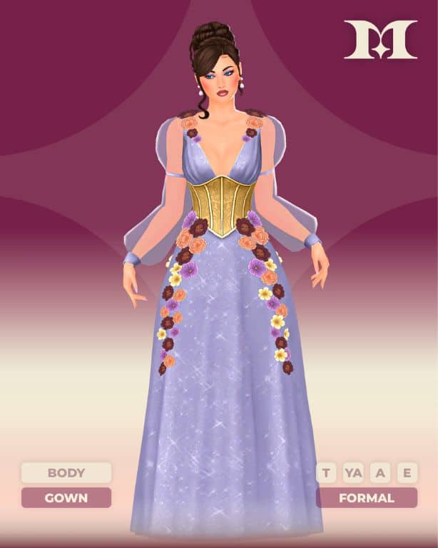 female Sim wearing a gown with