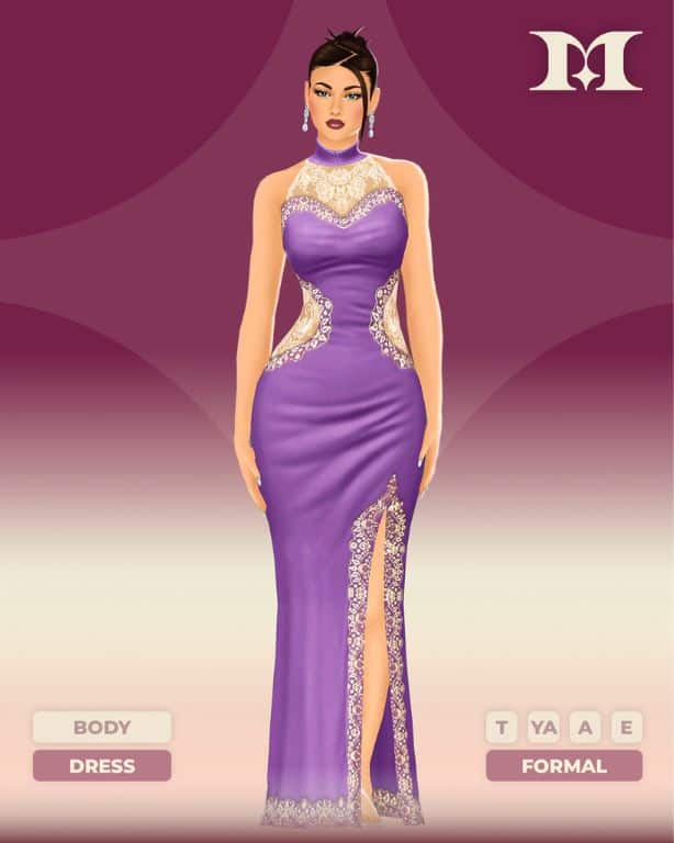female sim with a royal dark lilac halter dress