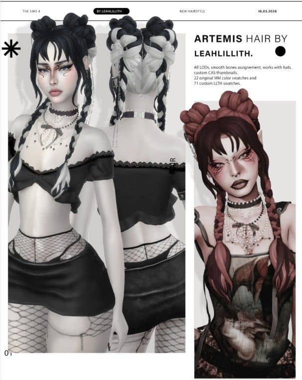 female Sims wearing high double buns and braided pigtails, a necklace, and unique makeup