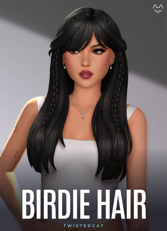female Sim with long black hair, some braids and bangs