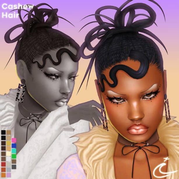 Black female Sim with sleek updo hairstyle featuring bold sculpted swoop tendrils along the hairline