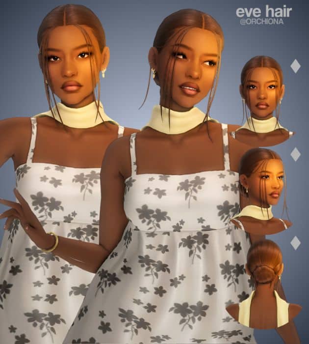 black female sim with a middle part, low bun hairstyle with straight loose strands