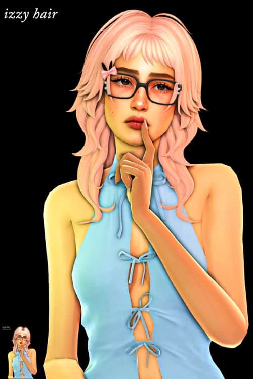 female sim with a layered, light pink hairstyle with short bangs