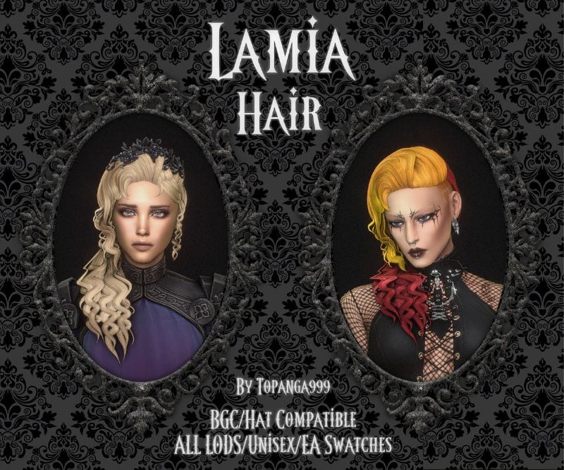 Two female Sims modeling versions of a long curly side-swept hairstyle, one with a buzz cut variation