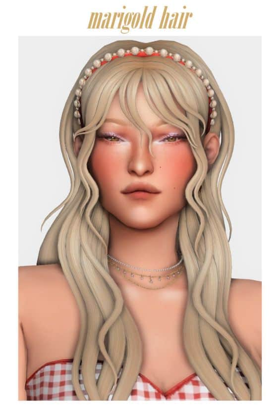 female Sim with long wavy hair, bangs and long tendrils