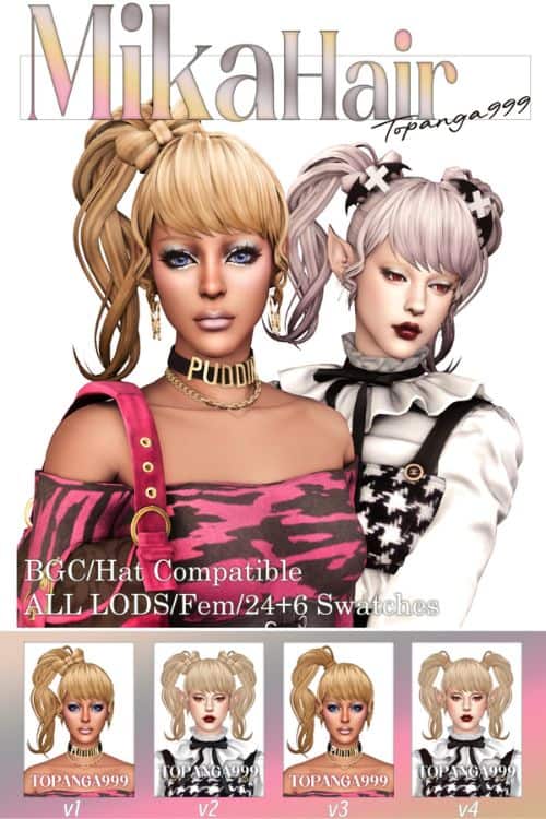 female Sims modeling different styles of side ponytails and pigtails