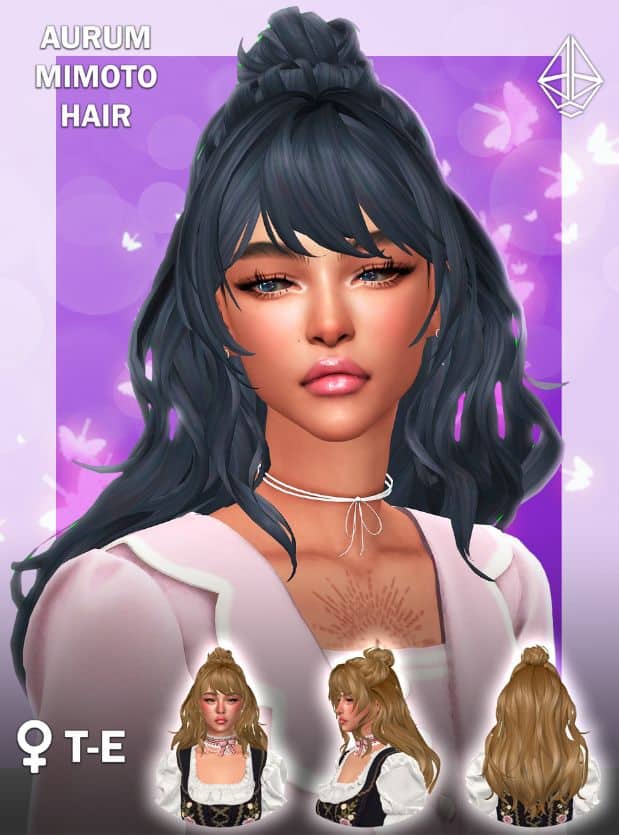 female sim with a partial updo bun and side swept bangs