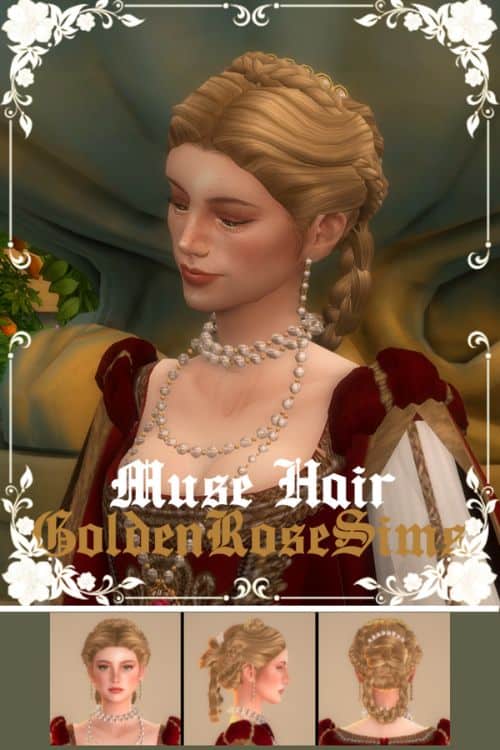 female sim with an intricate updo braided hairstyle