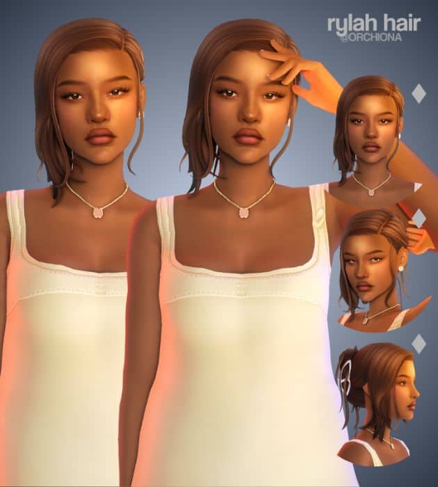 female sim with a side part updo hairstyle in a claw clip