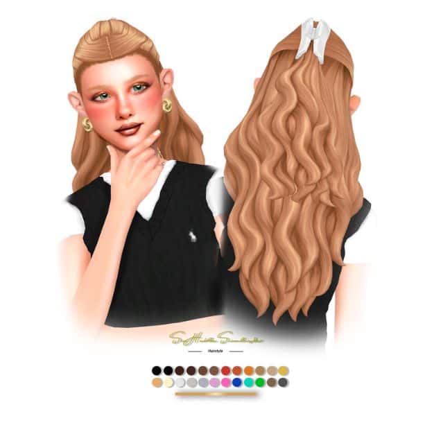 female Sim with blond wavy hairstyle partly tied up in a white claw clip