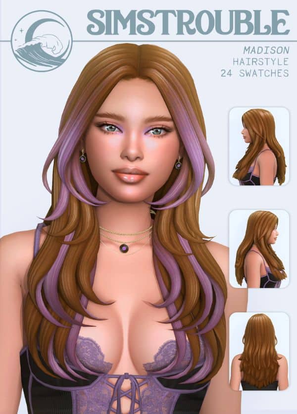 female Sim with long, layered brown and lilac hair