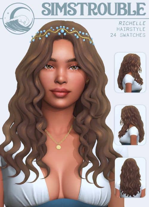 female Sim with a loose curly hairstyle and a wearing a headpiece
