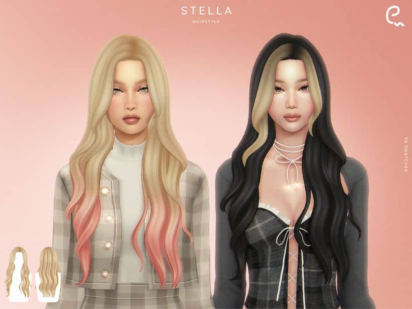 two female Sims with long two-tone wavy hair