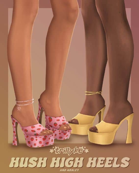 close up of platform heels in a yellow color and the other in a strawberry pattern