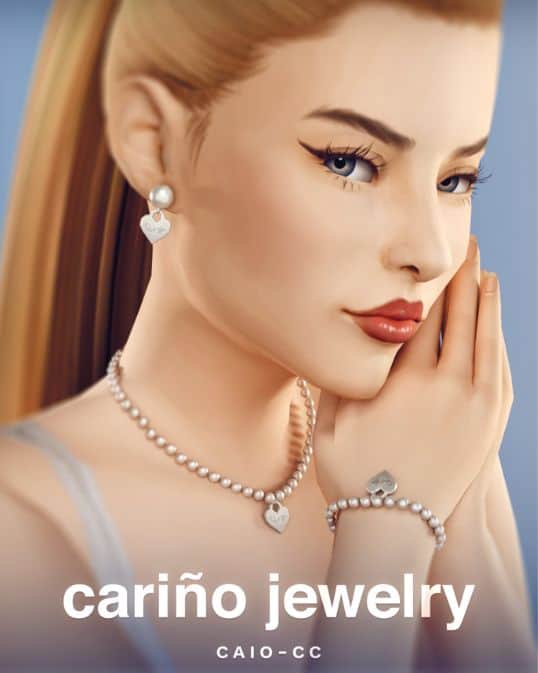 female sim wearing pearl jewelry pieces with heart-shaped details