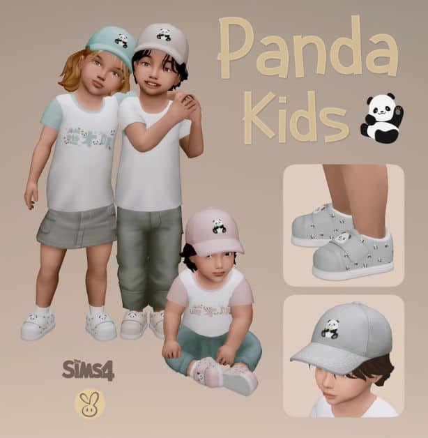 infant and toddler Sims wearing caps ad shoes with panda details