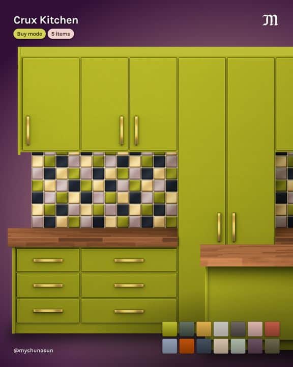 a kitchen with line green cabinets and wooden counters