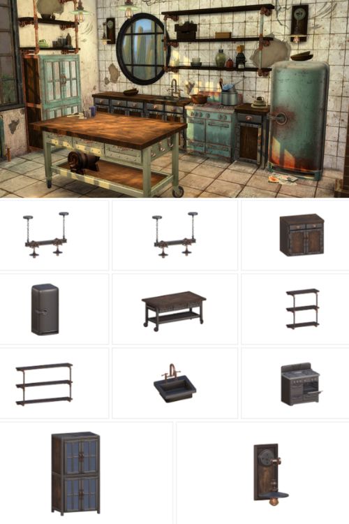 a grunge kitchen setup and piece show in a table