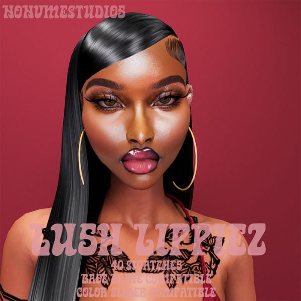 black female Sim wearing a purple-tone lip gloss