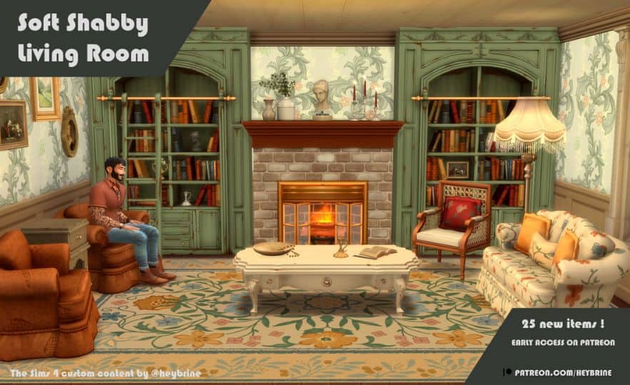 a male Sim sitting in a cozy, shabby living room