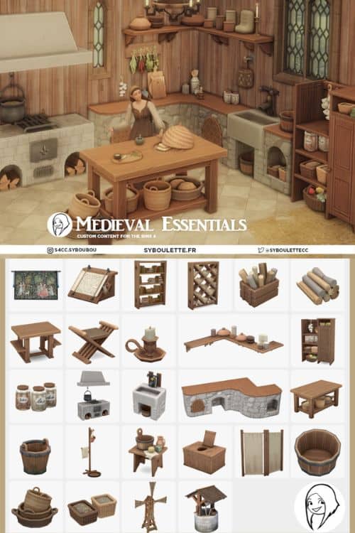 female Sim standing in a Medieval kitchen and more items shown in a table