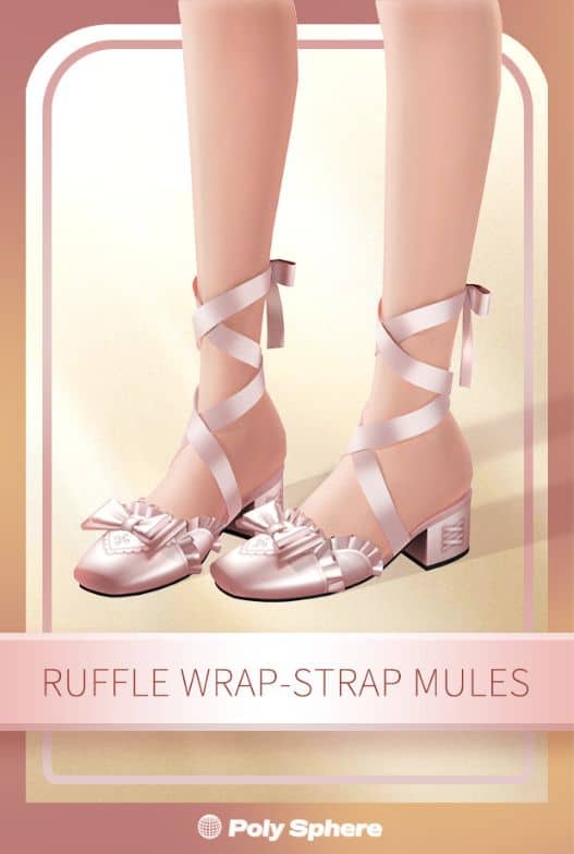 close up pf light pink wrap-strap mules with ruffle details