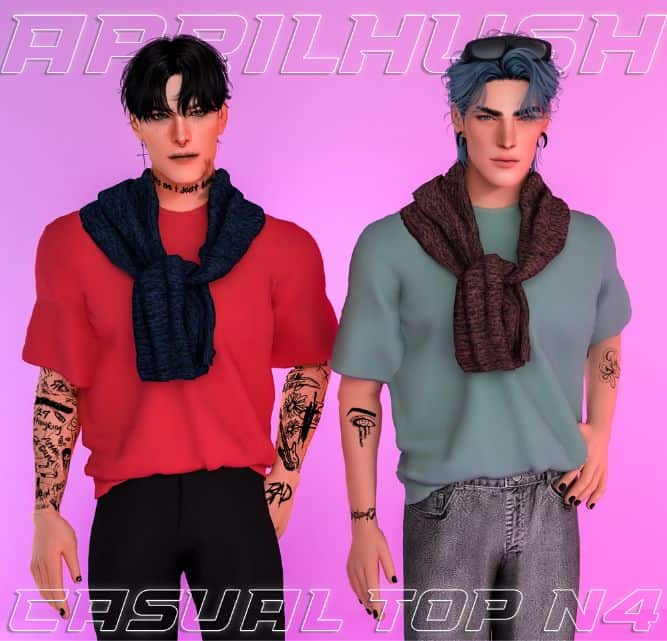 male Sim wearing short sleeve tops with sweaters tied around the shoulders